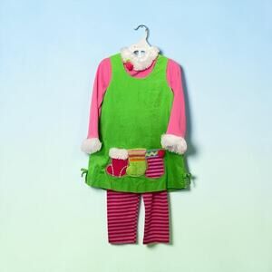 Toddler Girl Elf Christmas Outfit 4T Green Pink Holiday Dress Set
